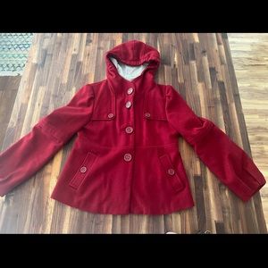 Anthropologie Red Hooded Wool Blend Peacoat